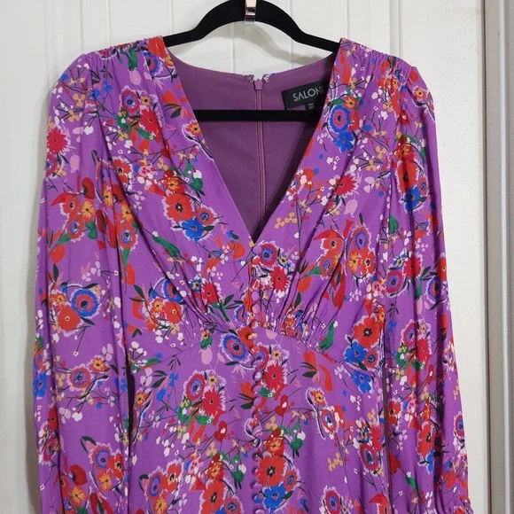 Saloni Womens Dress Eve Mini Button Lilac Pimpernel Purple Floral Prairie Size 2 - Picture 4 of 16